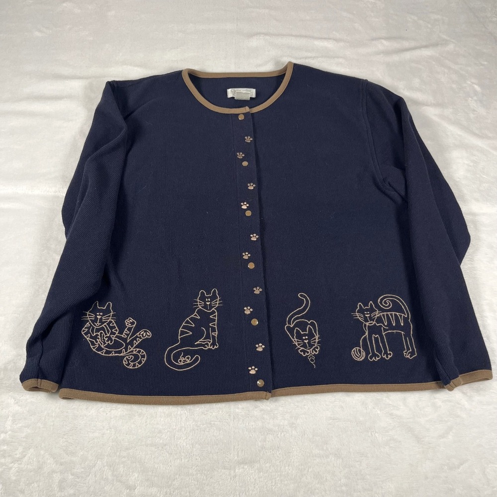 Christopher & Banks Navy Blue Cat Embroidered Cardigan Sweater Buttons Womens M